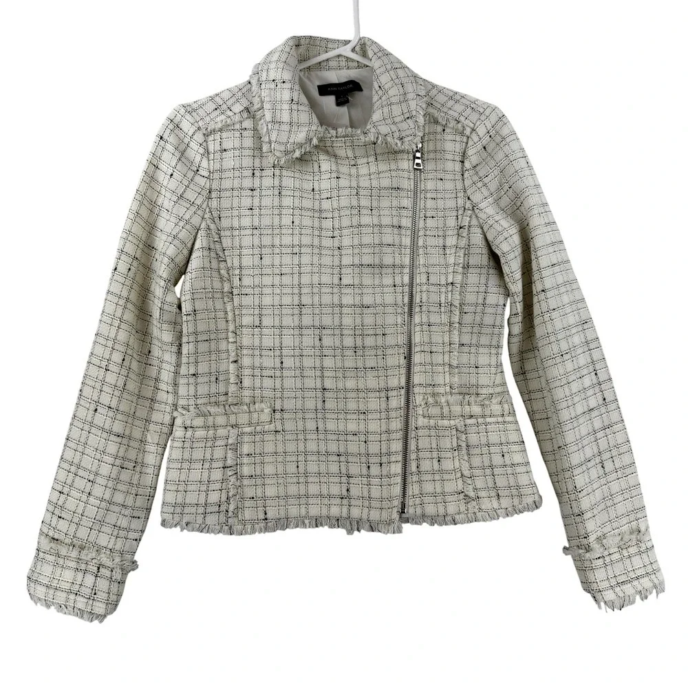 Ann Taylor Jacket Womens 0 White Tweed Moto Asymmetrical Zip Fringe‎ Lined Check